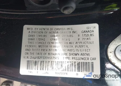 2014 Honda Civic Lx z USA, uszkodzony, nr VIN 2HGFB2F52EH517565